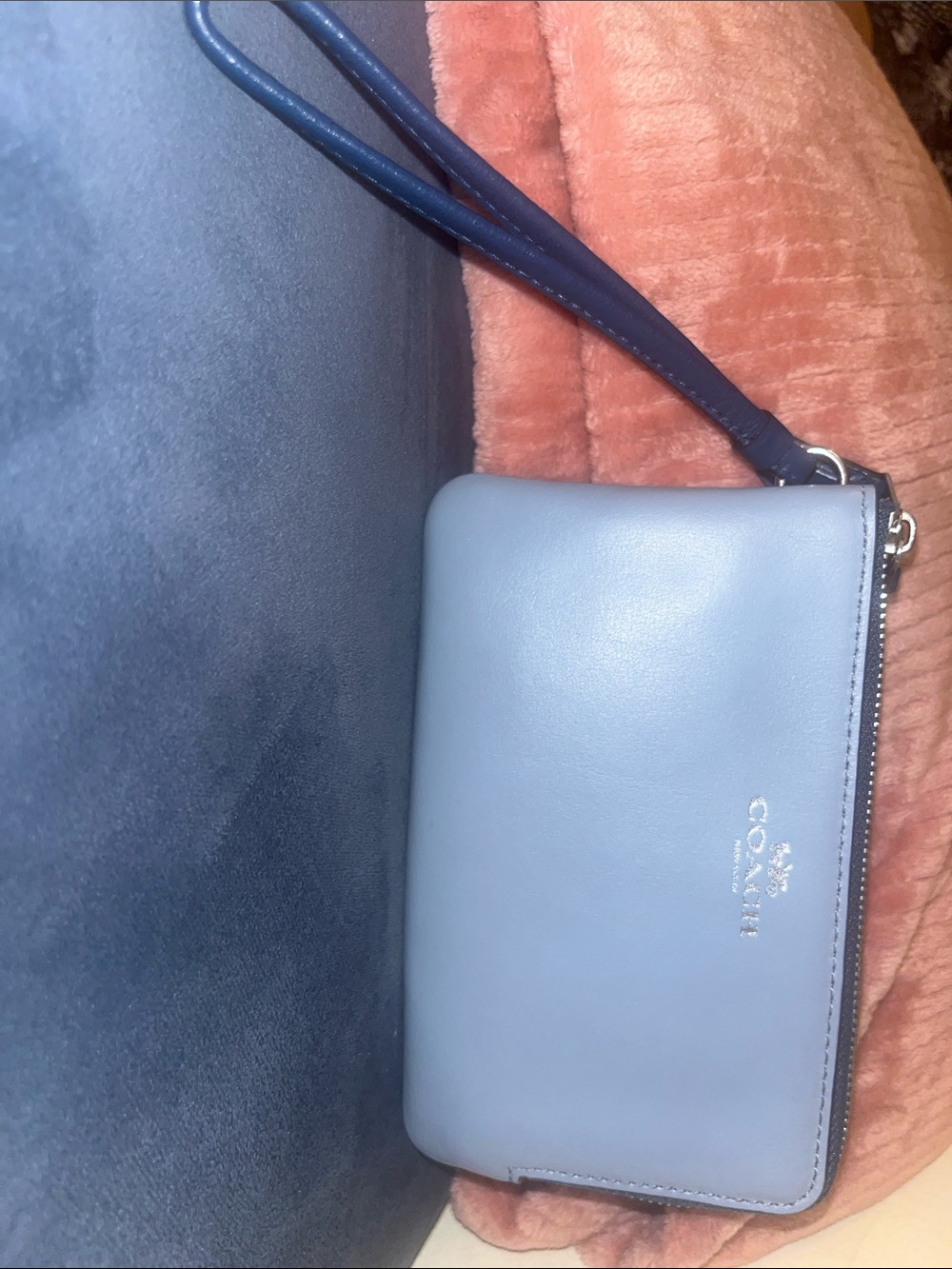 Coach Pale Blue Leather Wristlet with Navy Strap